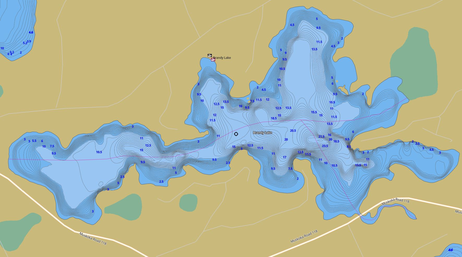 Contour Map of Brandy Lake in Municipality of Muskoka Lakes and the District of Muskoka